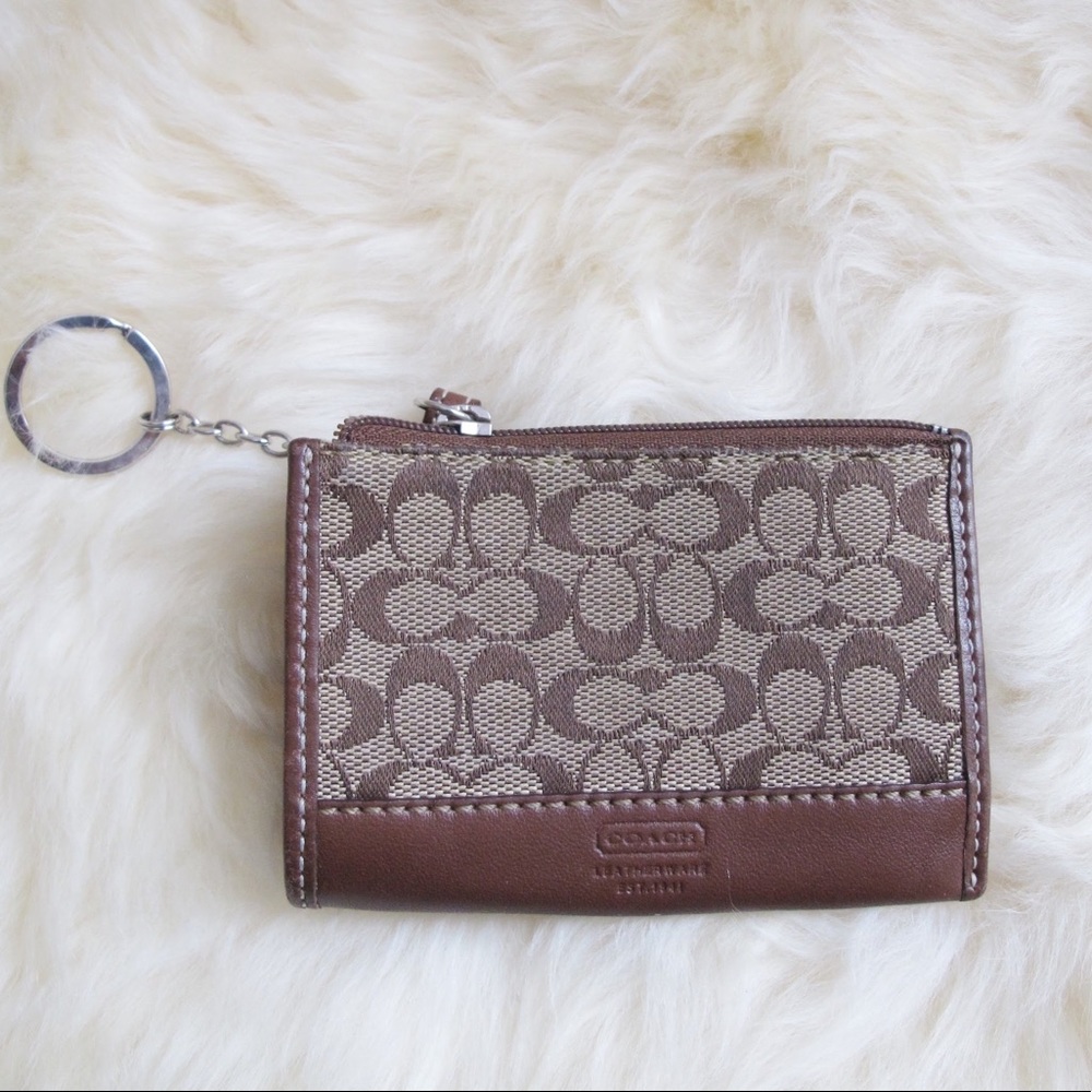 COACH Signature Key Zip Case Brown